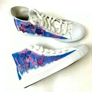 Hand Painted White w/ Blue/Pink/Purple Butterfly Lace High Top Sneaker Size 11‎